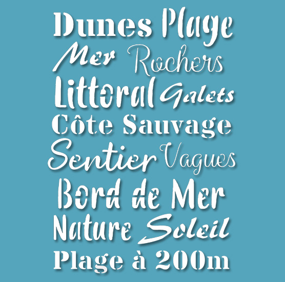 Pochoir Adhésif 30 x 20 cm Planche Lettrages Mer, dunes ...