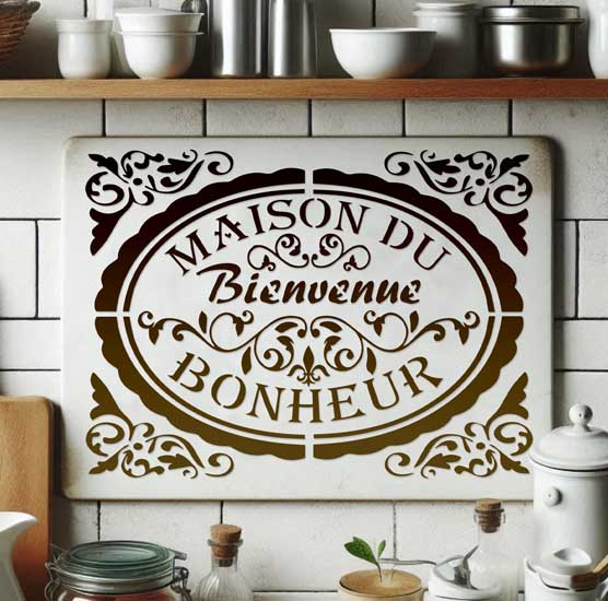 Pochoir Adhésif 30 x 20 cm Médaillon Maison du Bonheur Stylisé