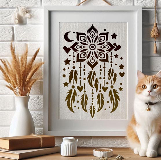 Pochoir Adhésif 30 x 20 cm Grand Attrape Rêve, Plumes & Etoiles