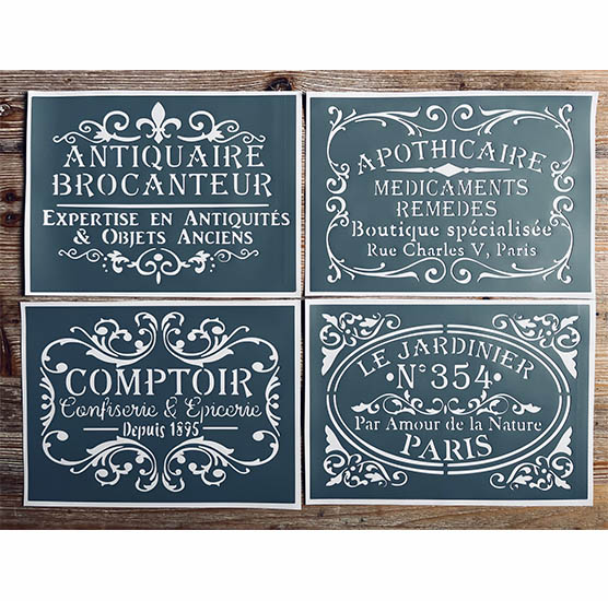 Lot de 4 Pochoirs Adhésifs en PVC, Style Campagne Chic & Shabby, Thème Vintage, 30 x 20 cm.