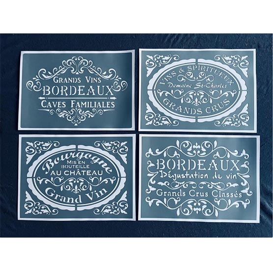 Lot de 4 Pochoirs Adhésifs PVC (30 x 20 cm chacun) Thème Affiche Vins de Bordeaux, Bourgogne, Spiritueux 