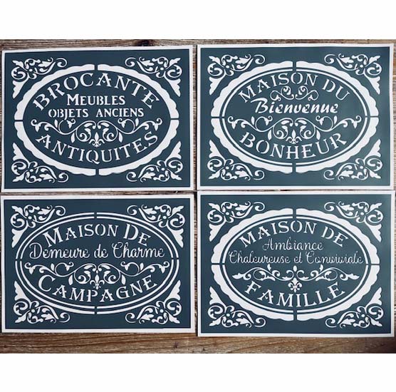 Lot de 4 Pochoirs Adhésifs en PVC, Style Vintage, 30 x 20 cm. Multi-supports