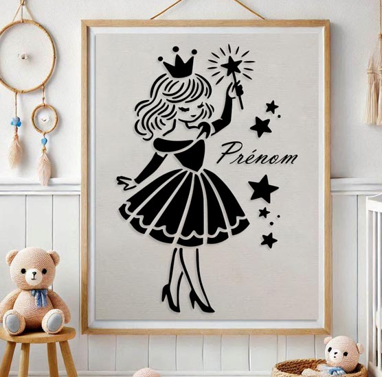 Pochoir Adhésif 30 x 20 cm Petite Princesse + Prénom Personnalisable