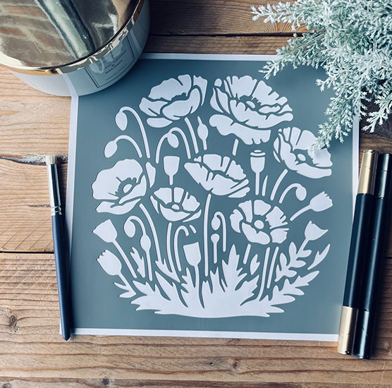 Pochoir Adhésif Style Fleurs en PVC, Motif Coquelicots, 20 x 20 cm