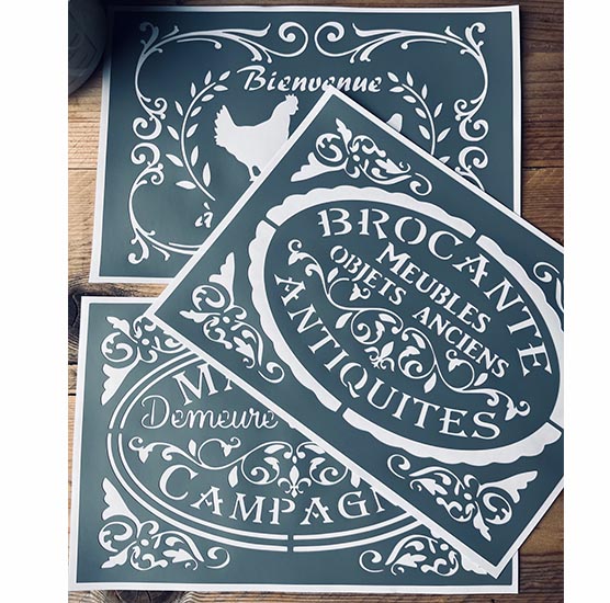 Lot de 3 Pochoirs Adhésifs en PVC Souple, Motif Médaillon Vintage Campagne Chic, Brocante, 30 x 20 cm
