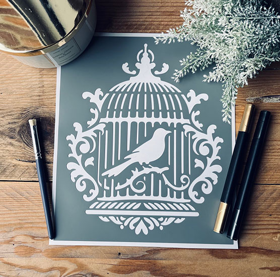 Pochoir Adhésif en PVC, Motif Cage d'Oiseau, 25 x 20 cm, Style Vintage / Baroque