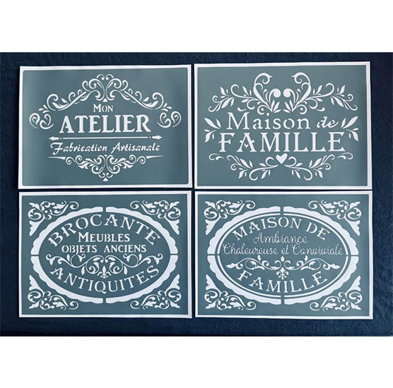 Lot de 4 Pochoirs Adhésifs (30 x 20 cm chacun) Vintage, Atelier, Famille, Brocante