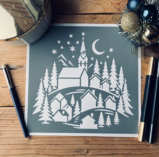 Pochoir Adhésif 20 x 20 cm Paysage Village de Noël