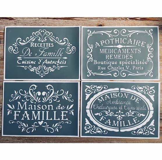 Lot de 4 Pochoirs Adhésifs en PVC, Style Rétro, Ancien, Thème Vintage, 30 x 20 cm. 