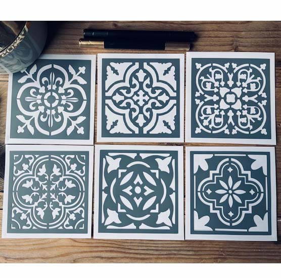 Set de 6 Mini Pochoirs PVC, Motif Carrelage et Faïence, Style Vintage, 10 x 10 cm