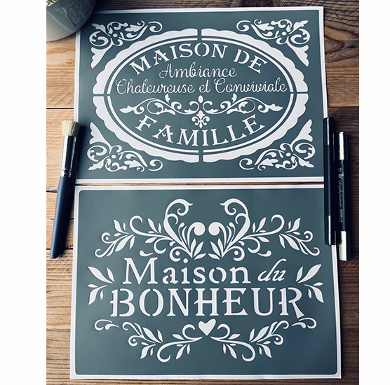 Lot de 2 Pochoirs Adhésifs en PVC Souple, Style Vintage Maison Bonheur, 30 x 20 cm