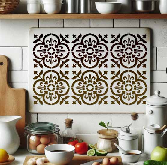 Pochoir Adhésif 30 x 20 cm Set de 6 Carreaux Ciment Fleurs de Lys