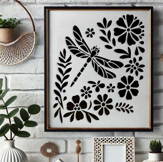 Pochoir Adhésif PVC 20 x 20 cm Libellule & Petites Fleurs