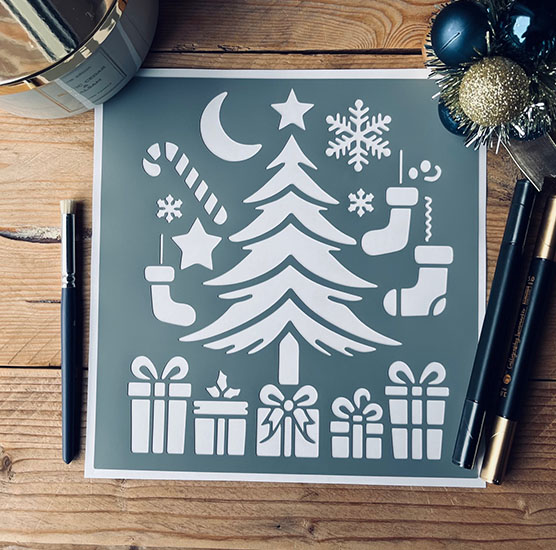 Pochoir Adhésif 20 x 20 cm Sapin de Noël & Cadeaux
