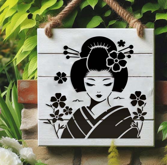 Pochoir Adhésif 22 x 20 cm Silhouette Femme Asiatique & Fleurs cerisier