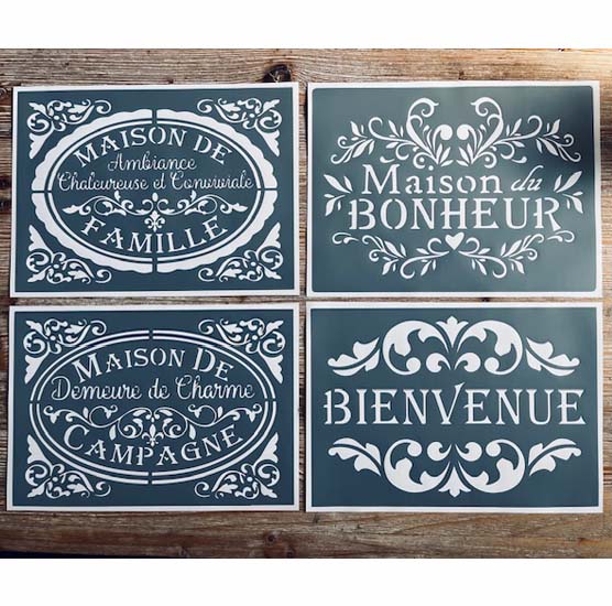 Lot de 4 Pochoirs Adhésifs en PVC, Style Vintage, Thème de la Maison 30 x 20 cm. 