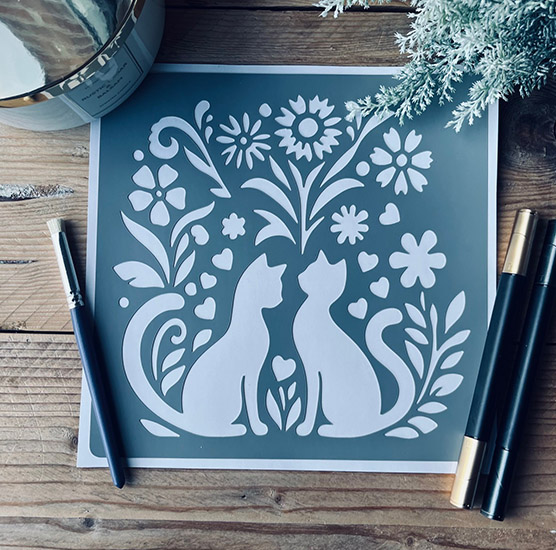 Pochoir Adhésif 20 x 20 cm Silhouettes Chats & Fleurs